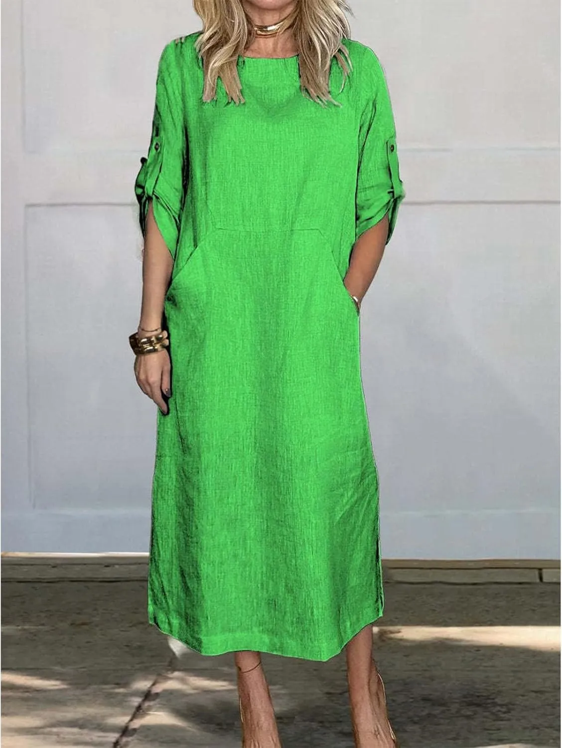Women's Oversize Tunic Dress Cotton and Linen Long Sleeve Round Neck T Shirts Dresses Casual Solid Dress with Pockets