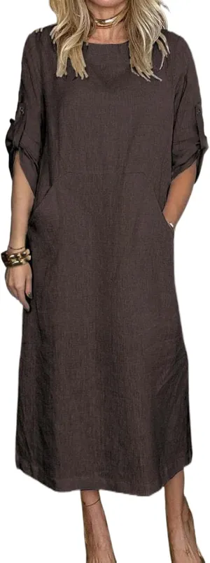 Women's Oversize Tunic Dress Cotton and Linen Long Sleeve Round Neck T Shirts Dresses Casual Solid Dress with Pockets