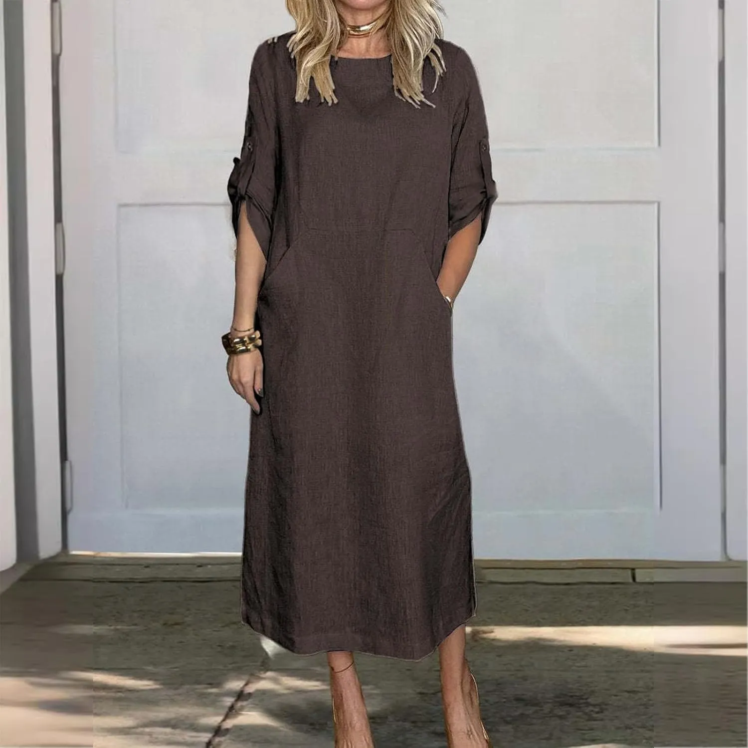 Women's Oversize Tunic Dress Cotton and Linen Long Sleeve Round Neck T Shirts Dresses Casual Solid Dress with Pockets