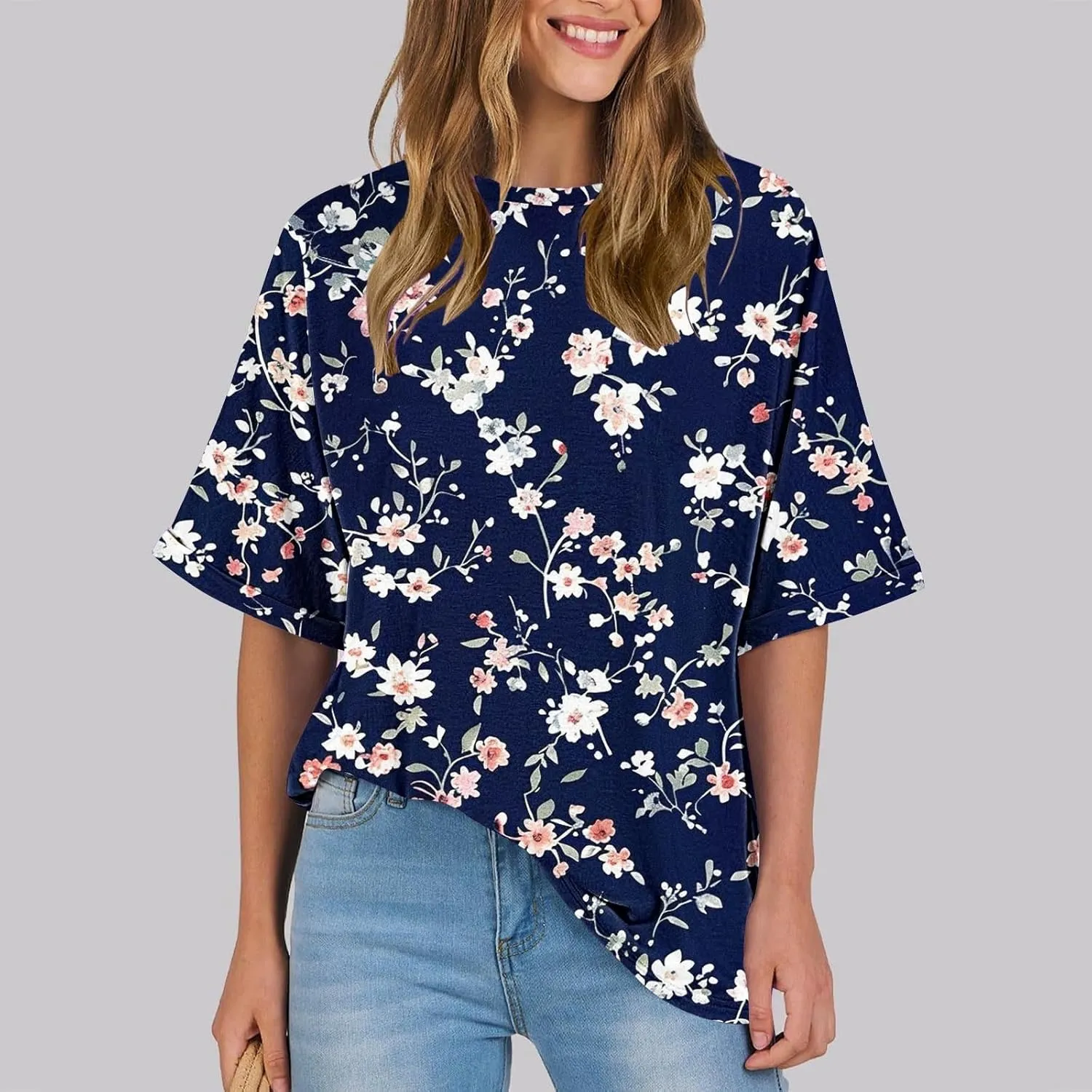 Womens Oversized T Shirts Summer Tops Boho Floral Tees Casual Loose Fit Short Sleeve Tops 2025 Beach Vacation Blouse