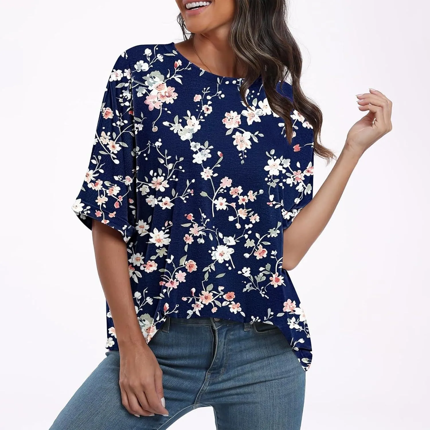 Womens Oversized T Shirts Summer Tops Boho Floral Tees Casual Loose Fit Short Sleeve Tops 2025 Beach Vacation Blouse
