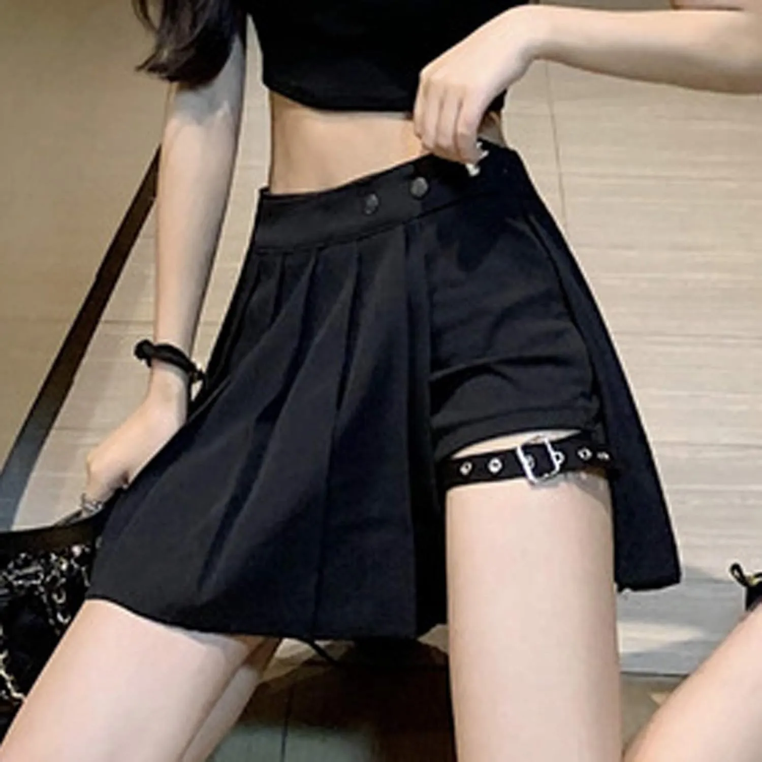 Women's Pleated Mini Skirts High Waist Buttons A-Line Short Skirt Fashion Sexy Asymmetrical Hem Buckled Y2k Street Skirts