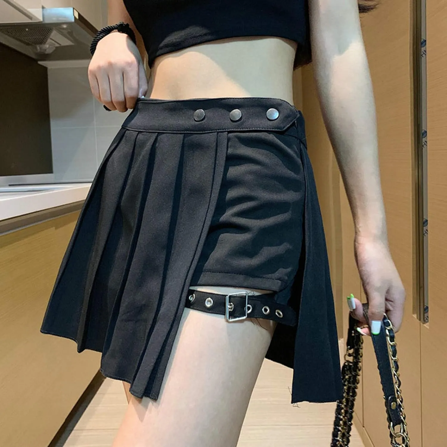 Women's Pleated Mini Skirts High Waist Buttons A-Line Short Skirt Fashion Sexy Asymmetrical Hem Buckled Y2k Street Skirts