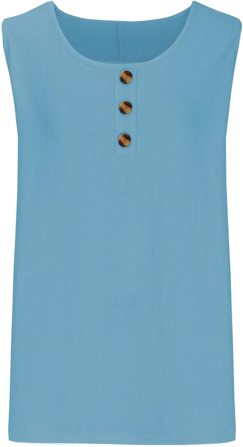 Womens Plus Size Tank Tops Summer Sleeveless Henley T-Shirts Casual Loose Fit Ribbed Knit Vest Crewneck Tunic Blouse