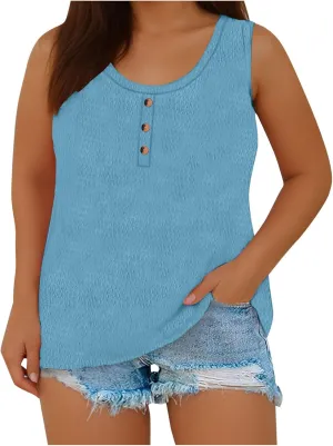 Womens Plus Size Tank Tops Summer Sleeveless Henley T-Shirts Casual Loose Fit Ribbed Knit Vest Crewneck Tunic Blouse