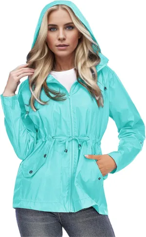 Womens Rain Jacket with Hood Waterproof Windbreaker Raincoat with Removable Lightweight Outdoor Hiking Tunic Coats