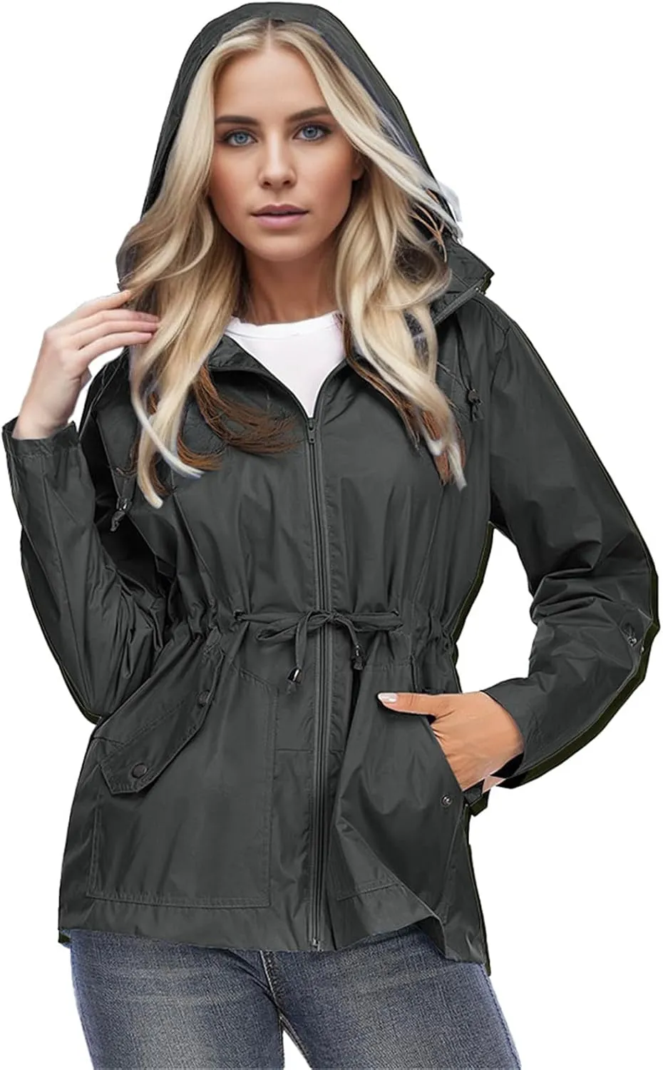 Womens Rain Jacket with Hood Waterproof Windbreaker Raincoat with Removable Lightweight Outdoor Hiking Tunic Coats