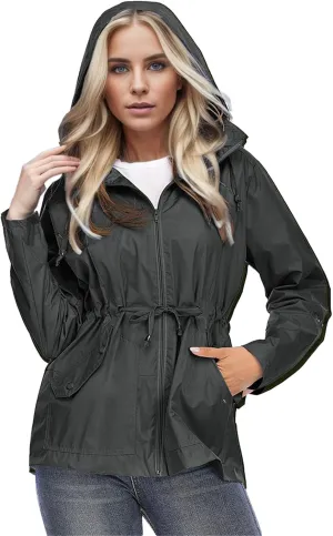 Womens Rain Jacket with Hood Waterproof Windbreaker Raincoat with Removable Lightweight Outdoor Hiking Tunic Coats