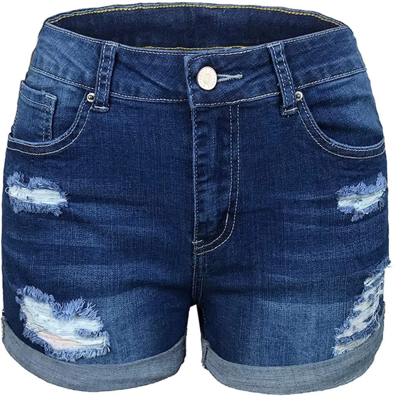 Womens Ripped Denim Shorts Mid Rise Stretchy Plain Color Trendy Distressed Jeans Shorts Rolled Up Hem Slim Shorts