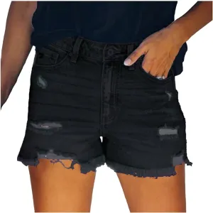 Women's Ripped Jean Shorts Mid-High Waisted Denim Shorts Stretchy Summer Hot Short Skinny Rolled Hem Shorts