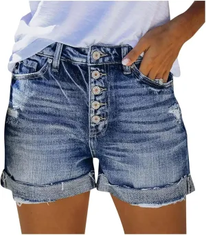 Women's Ripped Jean Shorts Mid-High Waisted Denim Shorts Stretchy Summer Hot Short Skinny Rolled Hem Shorts