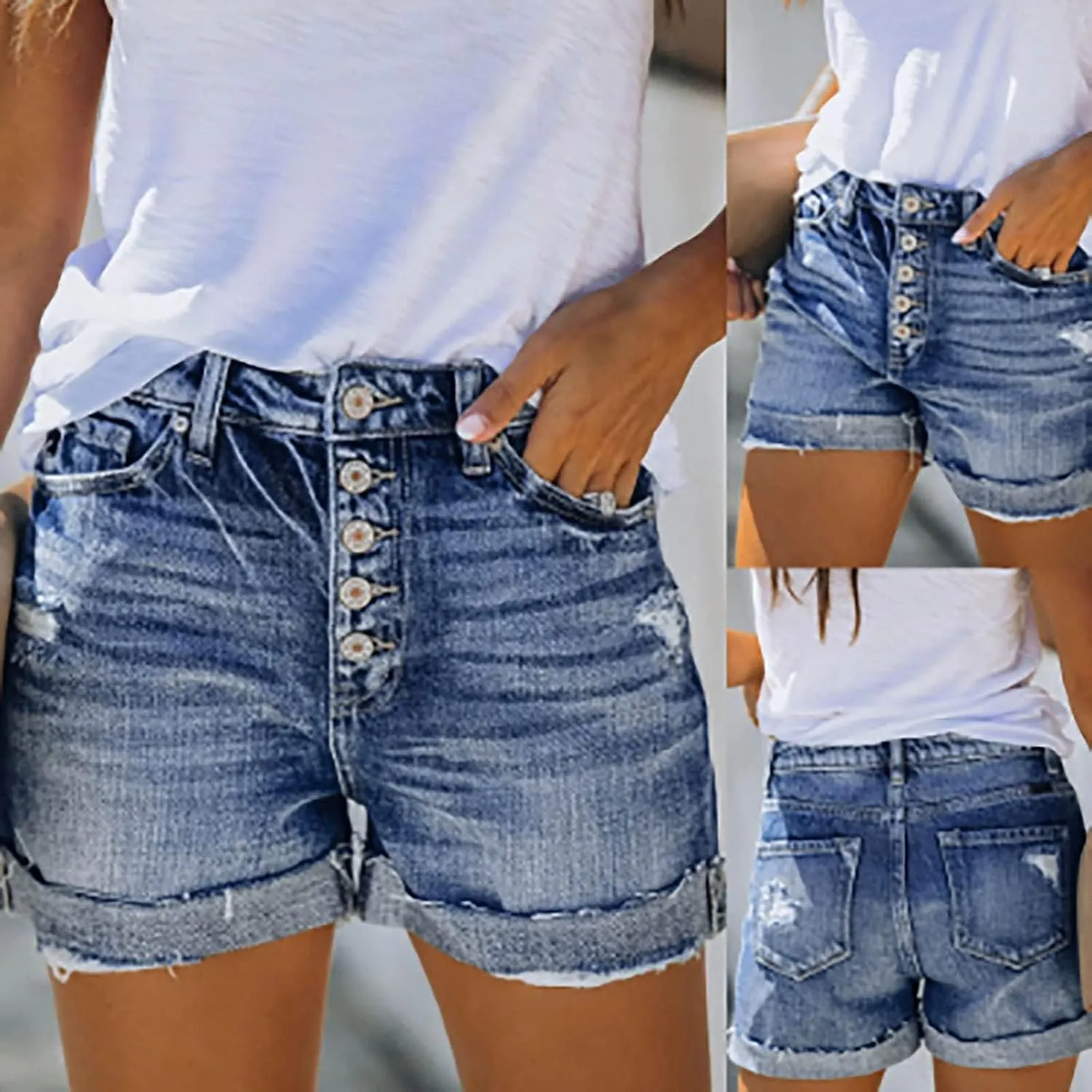Women's Ripped Jean Shorts Mid-High Waisted Denim Shorts Stretchy Summer Hot Short Skinny Rolled Hem Shorts