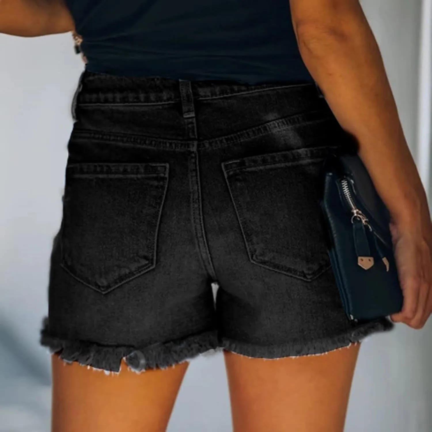 Women's Ripped Jean Shorts Mid-High Waisted Denim Shorts Stretchy Summer Hot Short Skinny Rolled Hem Shorts
