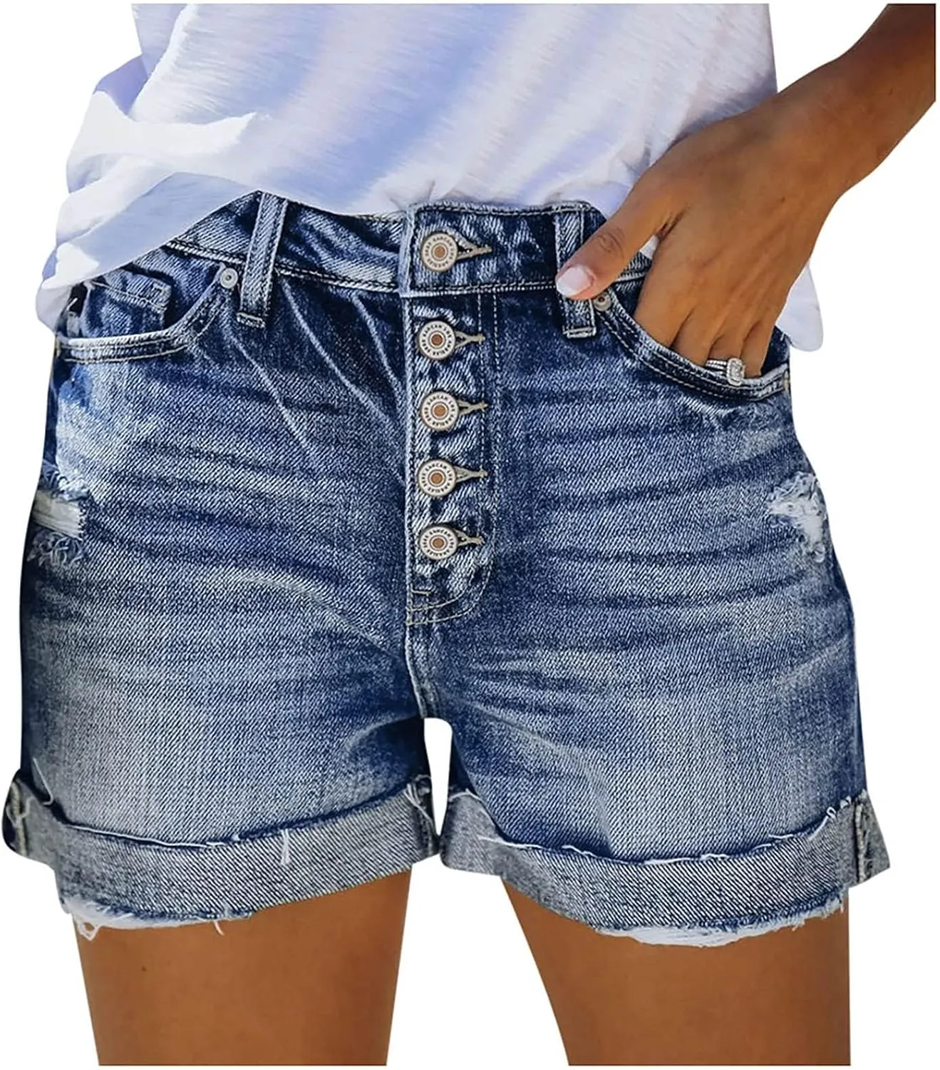 Women's Ripped Jean Shorts Mid-High Waisted Denim Shorts Stretchy Summer Hot Short Skinny Rolled Hem Shorts