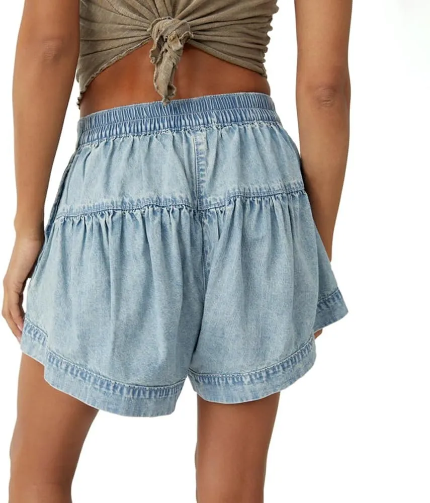 Women's Ruffle Hem Shorts High Waist Button Front Pleated Straight Leg Denim Shorts