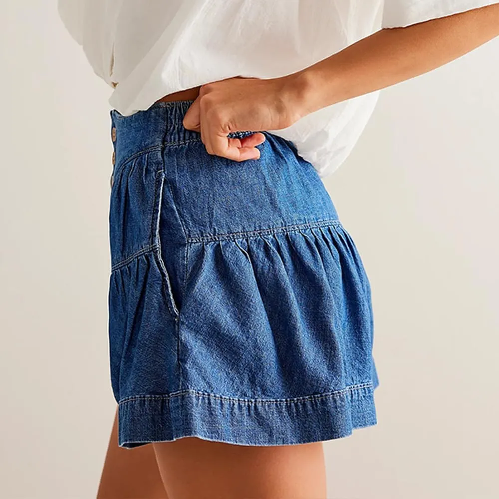 Women's Ruffle Hem Shorts High Waist Button Front Pleated Straight Leg Denim Shorts