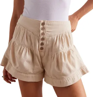 Women's Ruffle Hem Shorts High Waist Button Front Pleated Straight Leg Denim Shorts