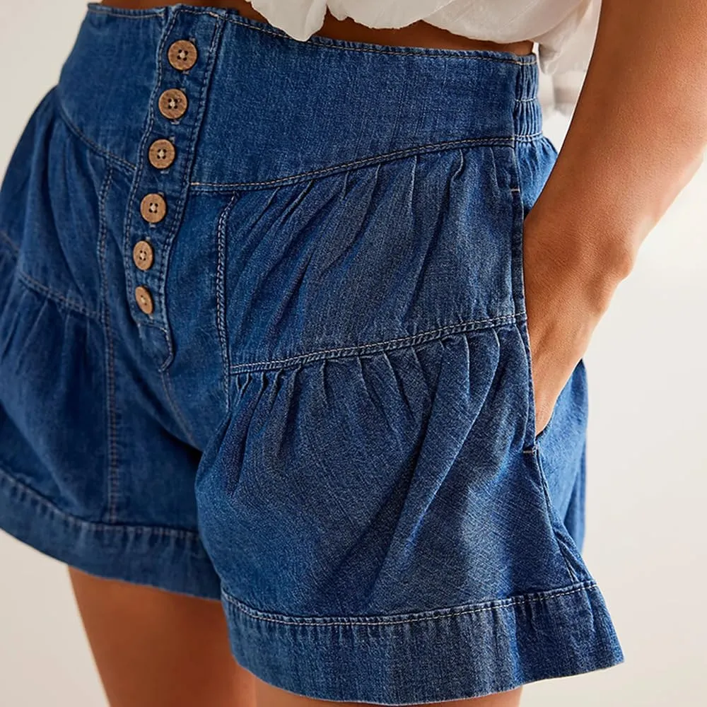 Women's Ruffle Hem Shorts High Waist Button Front Pleated Straight Leg Denim Shorts