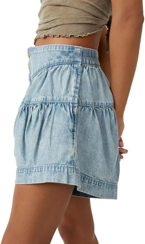 Women's Ruffle Hem Shorts High Waist Button Front Pleated Straight Leg Denim Shorts