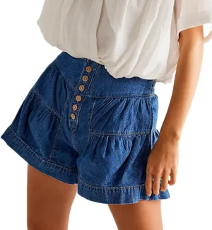 Women's Ruffle Hem Shorts High Waist Button Front Pleated Straight Leg Denim Shorts