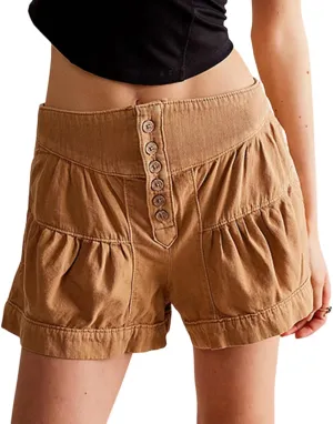 Women's Ruffle Hem Shorts High Waist Button Front Pleated Straight Leg Denim Shorts