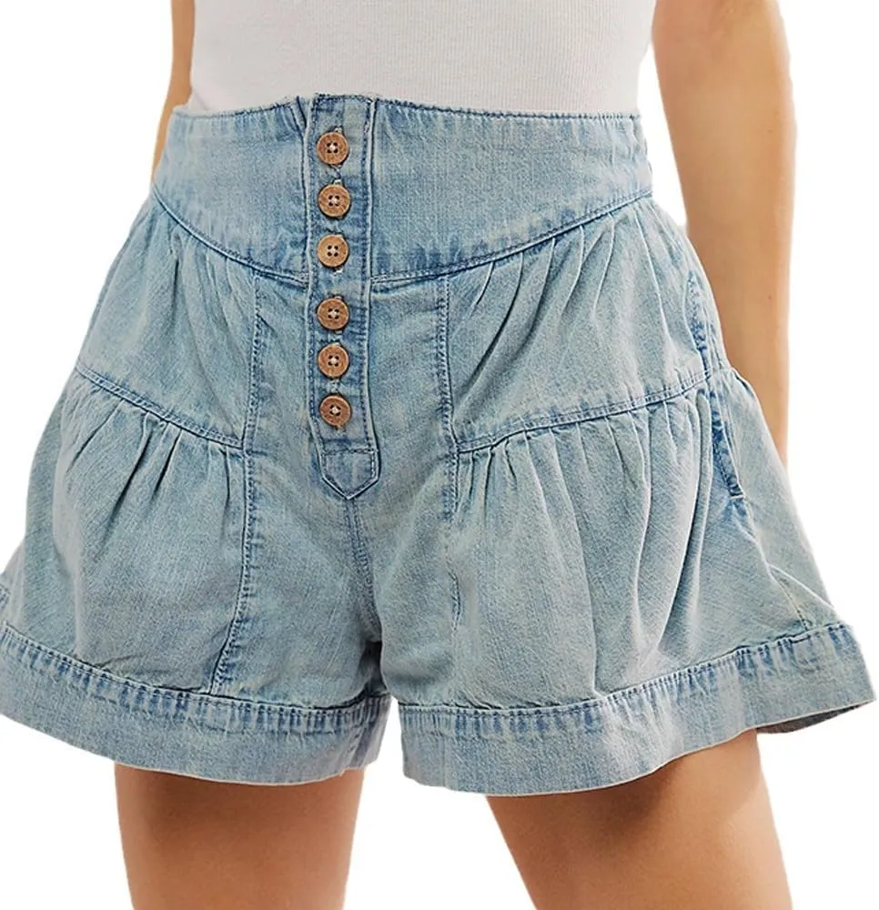 Women's Ruffle Hem Shorts High Waist Button Front Pleated Straight Leg Denim Shorts