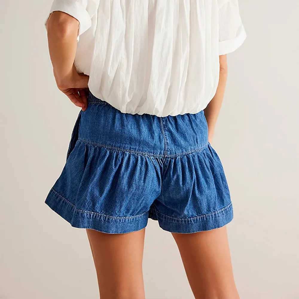 Women's Ruffle Hem Shorts High Waist Button Front Pleated Straight Leg Denim Shorts