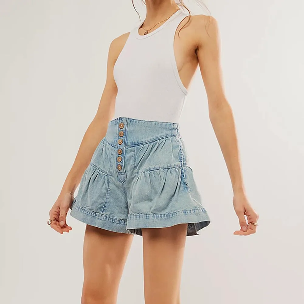 Women's Ruffle Hem Shorts High Waist Button Front Pleated Straight Leg Denim Shorts