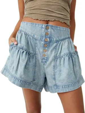 Women's Ruffle Hem Shorts High Waist Button Front Pleated Straight Leg Denim Shorts
