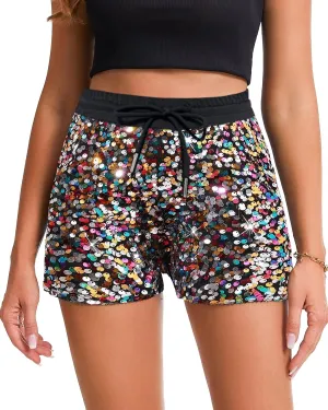 Womens Sequins Shorts A Line High Waist Elastic Sparkly Night-Out Shorts Clubwear Party Short
