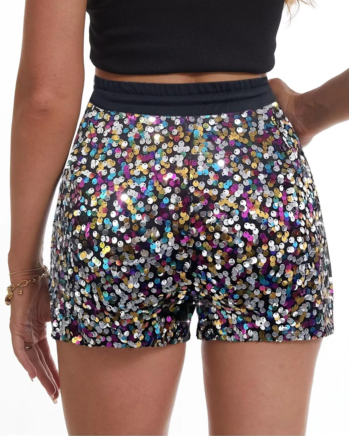 Womens Sequins Shorts A Line High Waist Elastic Sparkly Night-Out Shorts Clubwear Party Short