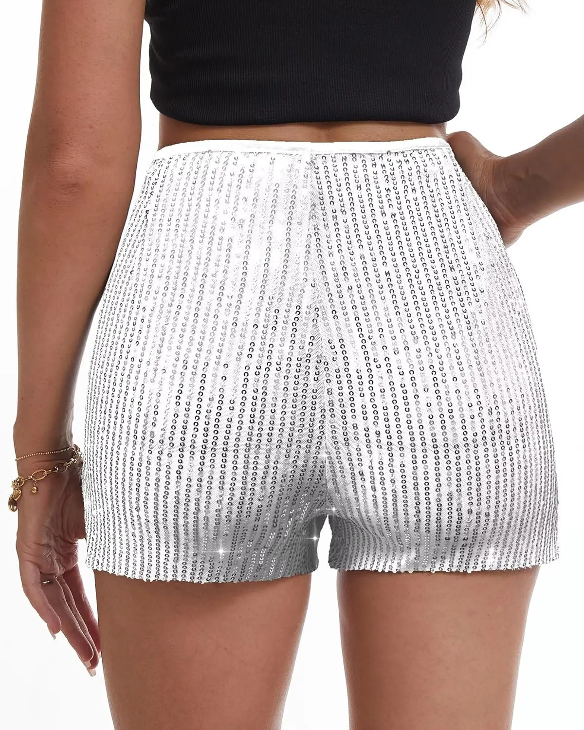 Womens Sequins Shorts A Line High Waist Elastic Sparkly Night-Out Shorts Clubwear Party Short
