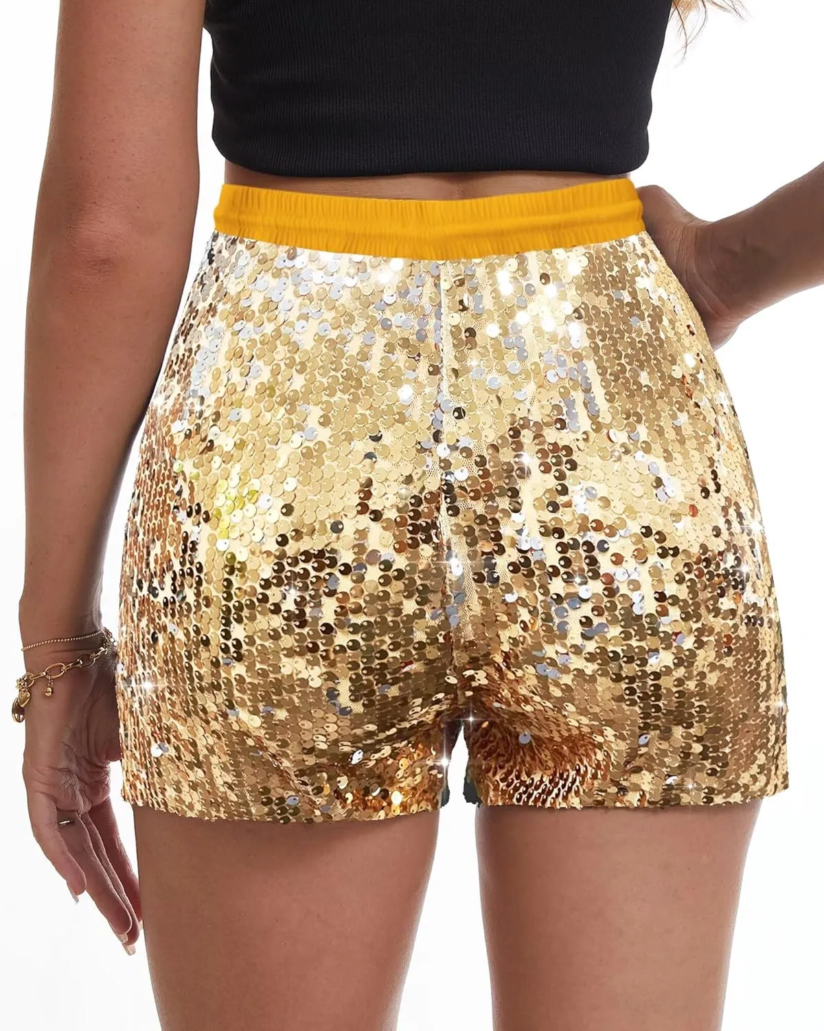 Womens Sequins Shorts A Line High Waist Elastic Sparkly Night-Out Shorts Clubwear Party Short