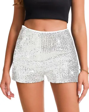 Womens Sequins Shorts A Line High Waist Elastic Sparkly Night-Out Shorts Clubwear Party Short