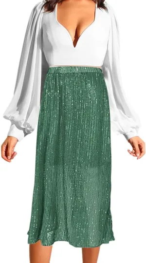 Women's Shiny Sparkly Sequin Maxi Skirt Women Elastic Waist Elastic Straight Long Skirt Glitter Low Sequin Pencil