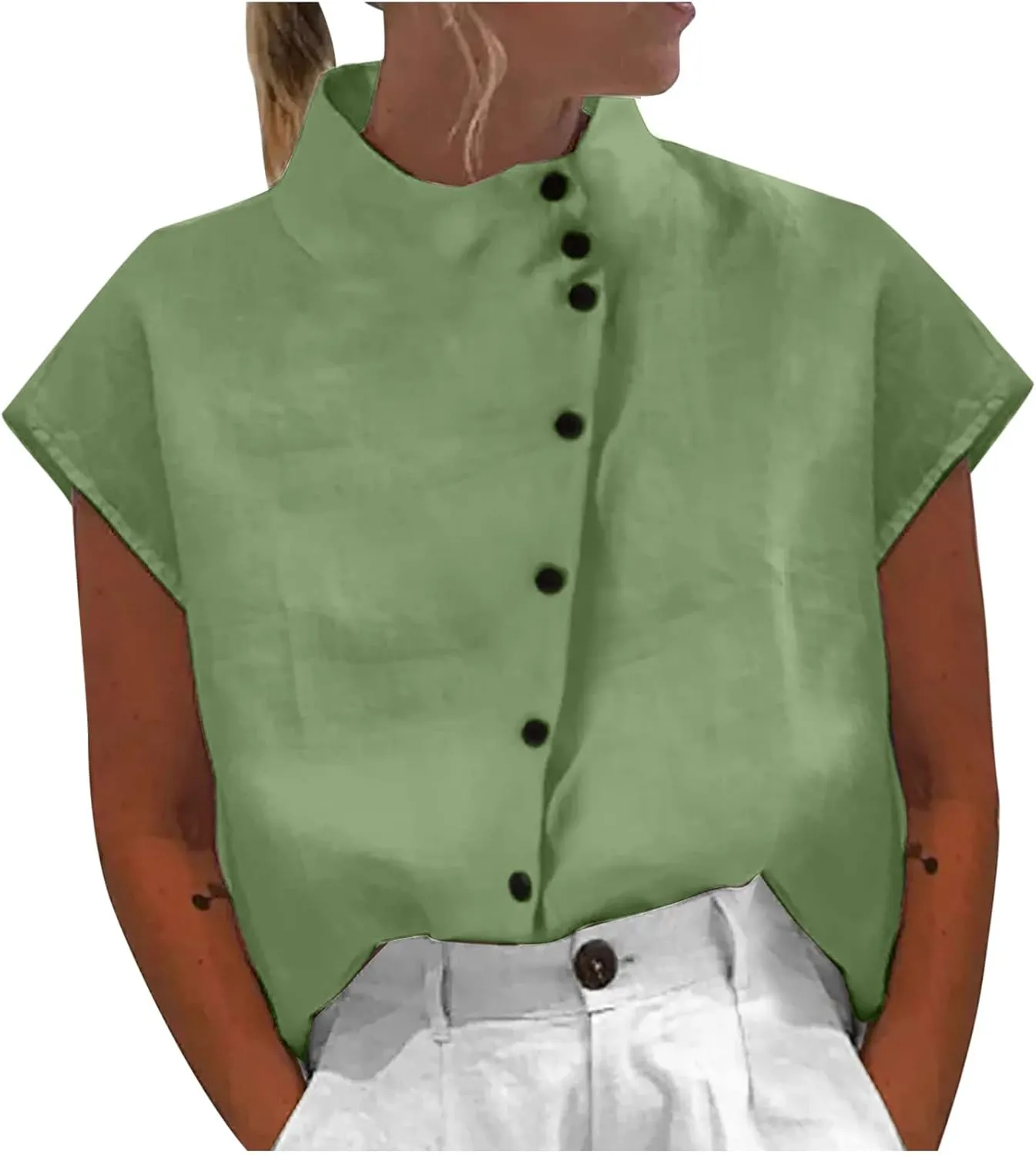 Womens Short Sleeve Button Cotton Linen Tops Simple Solid Color Tees Shirts Loose Casual Fashion Blouse