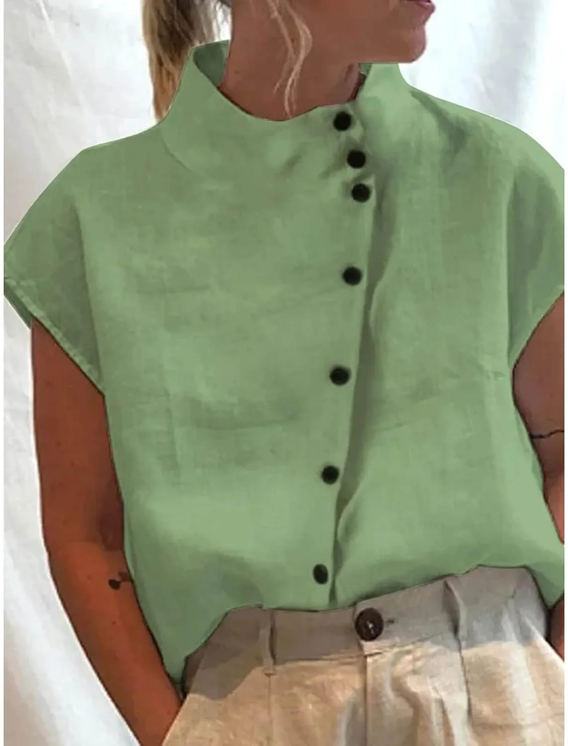 Womens Short Sleeve Button Cotton Linen Tops Simple Solid Color Tees Shirts Loose Casual Fashion Blouse
