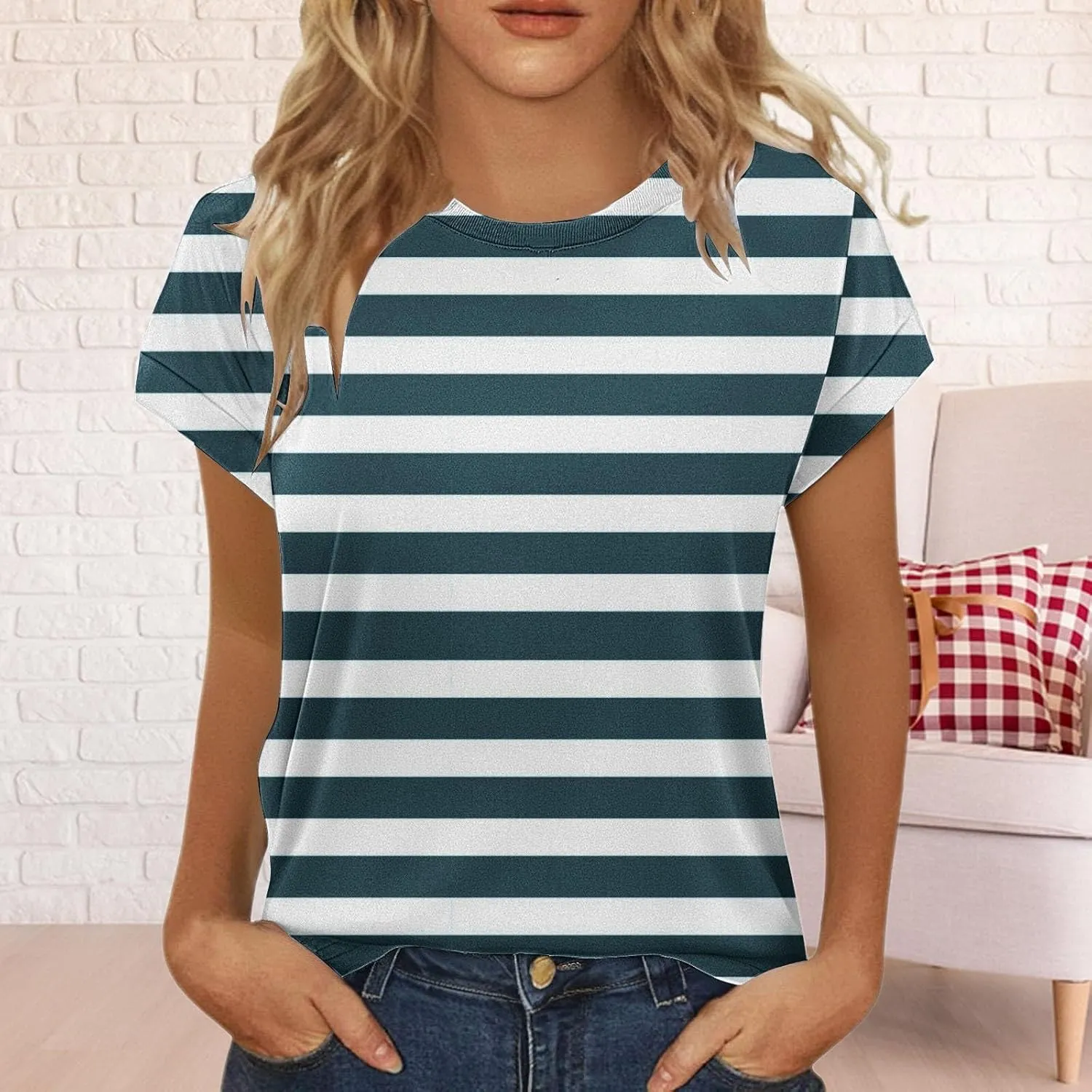 Womens Short Sleeve Round Neck Blouses Spring Dressy Casual Loose Fit T Shirts Summer Solid Color Tunic Tops