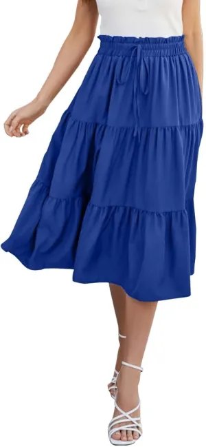 Womens Skirts for Summer Vacation Casual High Elastic Waist Drawstring Ruffles Tummy Control A-Line Loose Midi Skirts