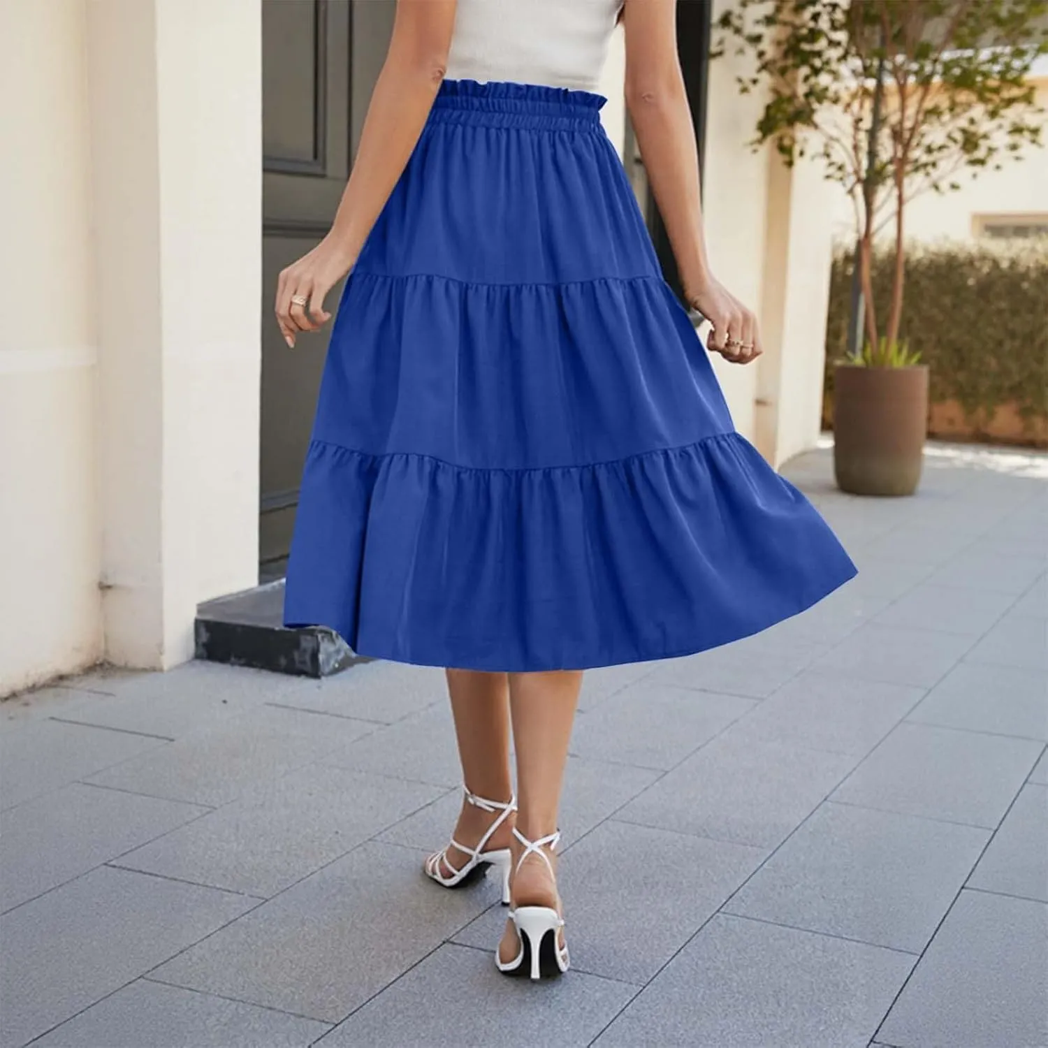 Womens Skirts for Summer Vacation Casual High Elastic Waist Drawstring Ruffles Tummy Control A-Line Loose Midi Skirts