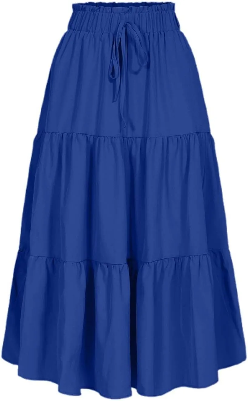 Womens Skirts for Summer Vacation Casual High Elastic Waist Drawstring Ruffles Tummy Control A-Line Loose Midi Skirts