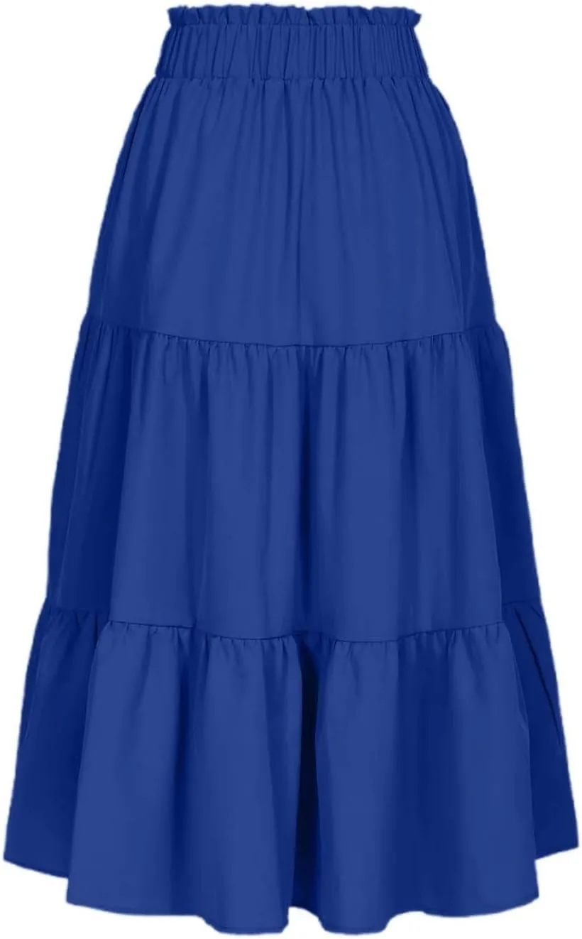 Womens Skirts for Summer Vacation Casual High Elastic Waist Drawstring Ruffles Tummy Control A-Line Loose Midi Skirts