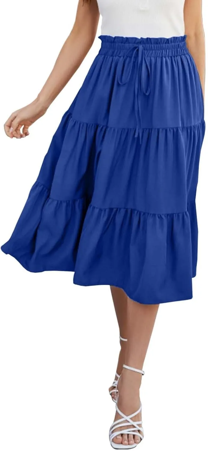 Womens Skirts for Summer Vacation Casual High Elastic Waist Drawstring Ruffles Tummy Control A-Line Loose Midi Skirts