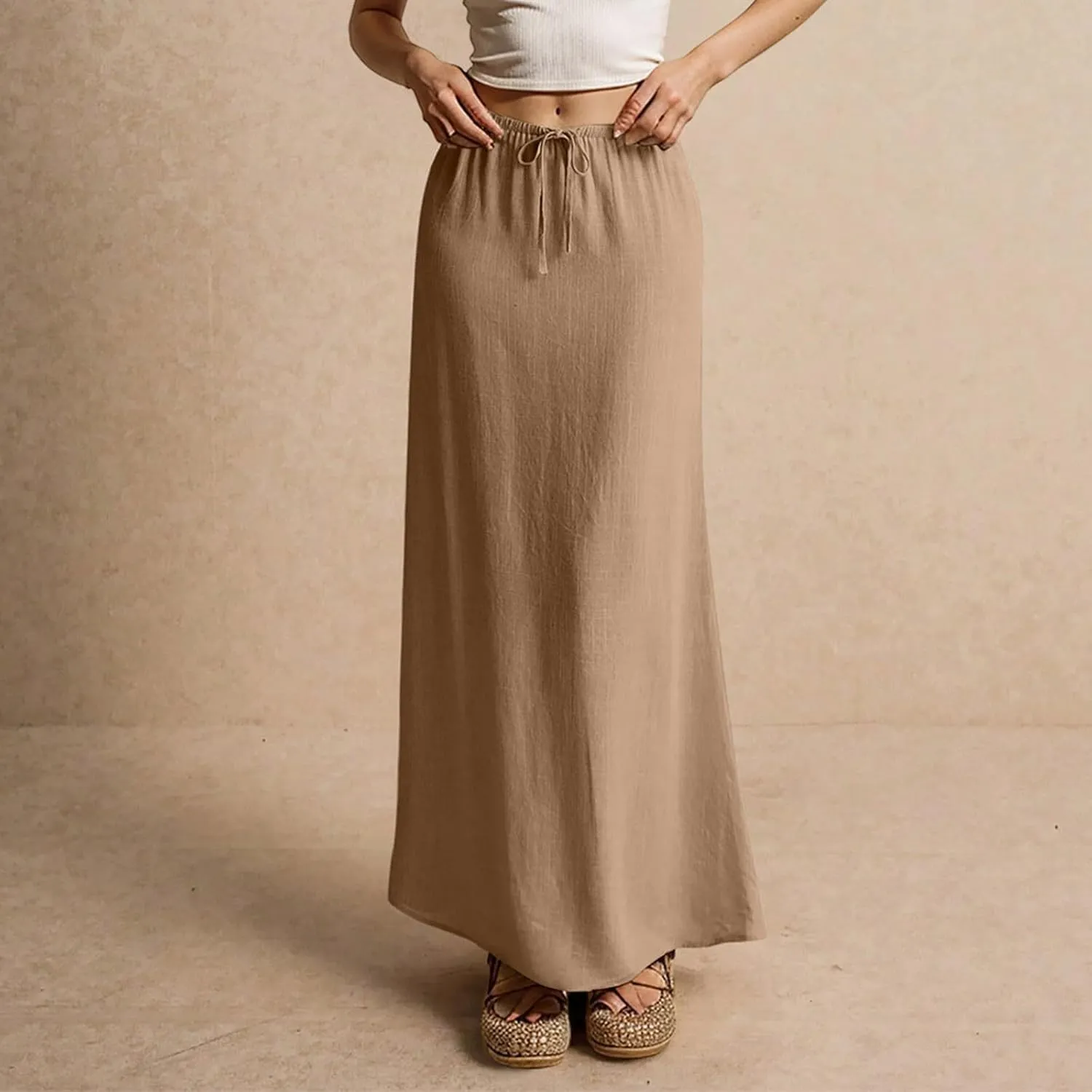 Womens Skirts Summer Long Flowy Skirts Comfy Drawstring Low Rise Linen Maxi Skirt with Slit Beach Plus Size