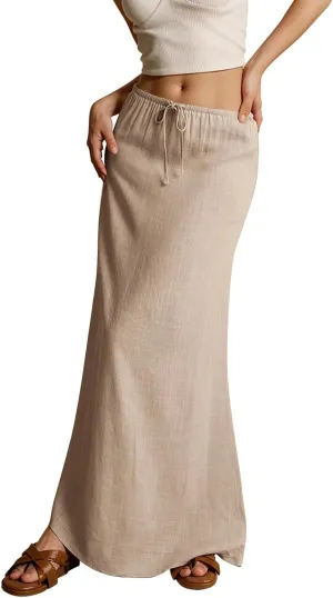 Womens Skirts Summer Long Flowy Skirts Comfy Drawstring Low Rise Linen Maxi Skirt with Slit Beach Plus Size