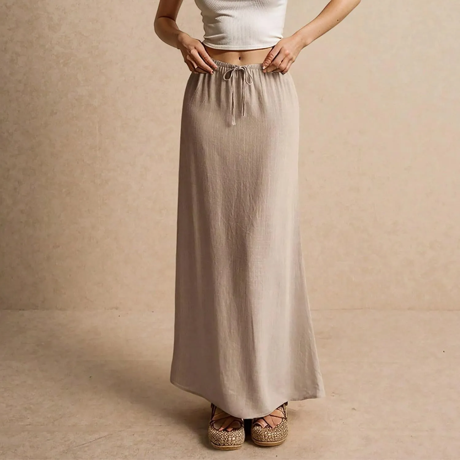 Womens Skirts Summer Long Flowy Skirts Comfy Drawstring Low Rise Linen Maxi Skirt with Slit Beach Plus Size