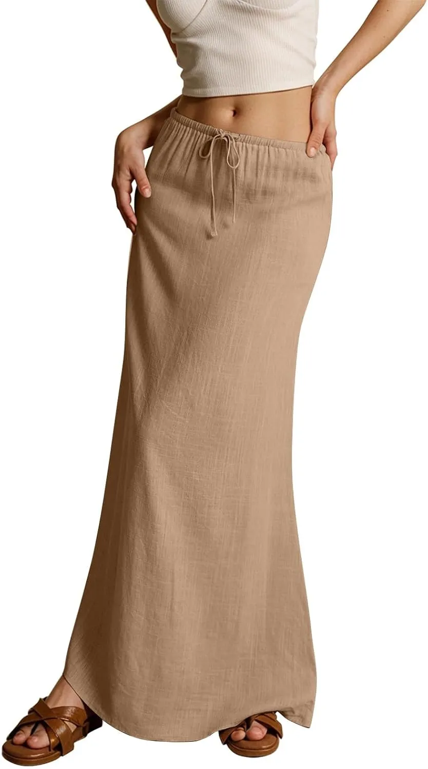 Womens Skirts Summer Long Flowy Skirts Comfy Drawstring Low Rise Linen Maxi Skirt with Slit Beach Plus Size