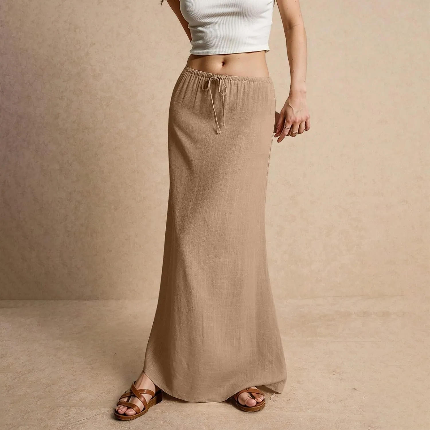 Womens Skirts Summer Long Flowy Skirts Comfy Drawstring Low Rise Linen Maxi Skirt with Slit Beach Plus Size