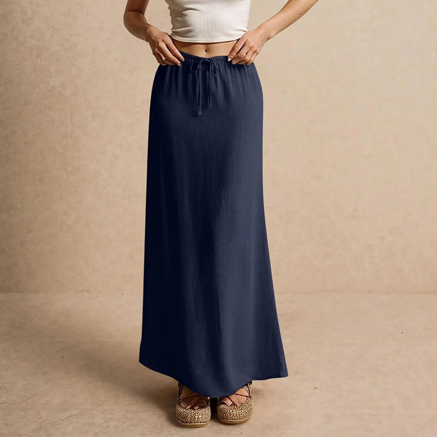 Womens Skirts Summer Long Flowy Skirts Comfy Drawstring Low Rise Linen Maxi Skirt with Slit Beach Plus Size