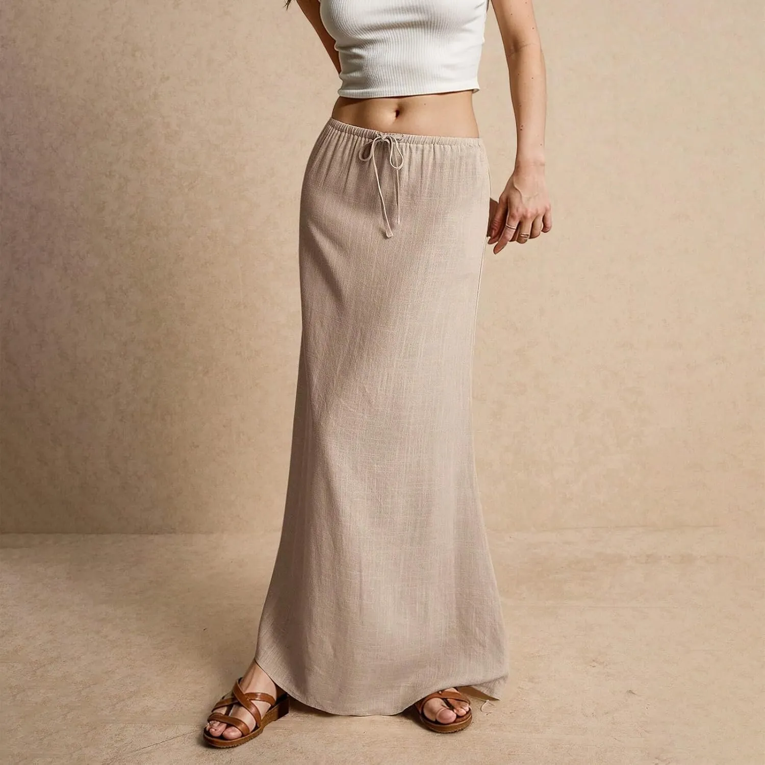 Womens Skirts Summer Long Flowy Skirts Comfy Drawstring Low Rise Linen Maxi Skirt with Slit Beach Plus Size